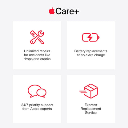 Apple Care+ service icons for smartwatch repairs, battery, support, and replacement