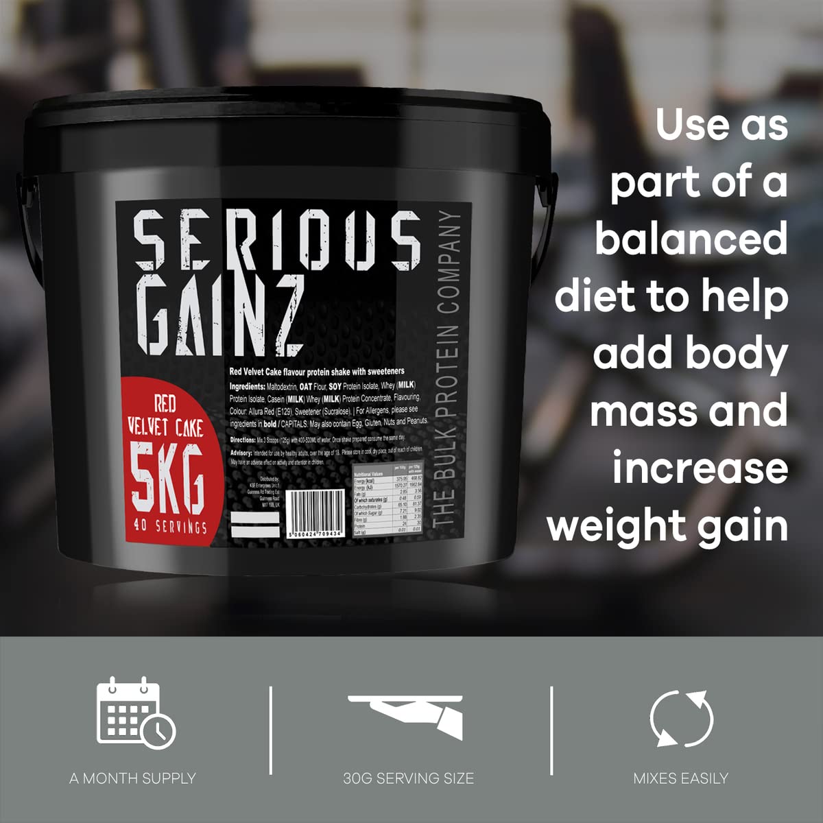 The Bulk Protein Company, SERIOUS GAINZ - Whey Protein Powder - Weight Gain, Mass Gainer - 30g Protein Powders (Strawberry, 5kg)