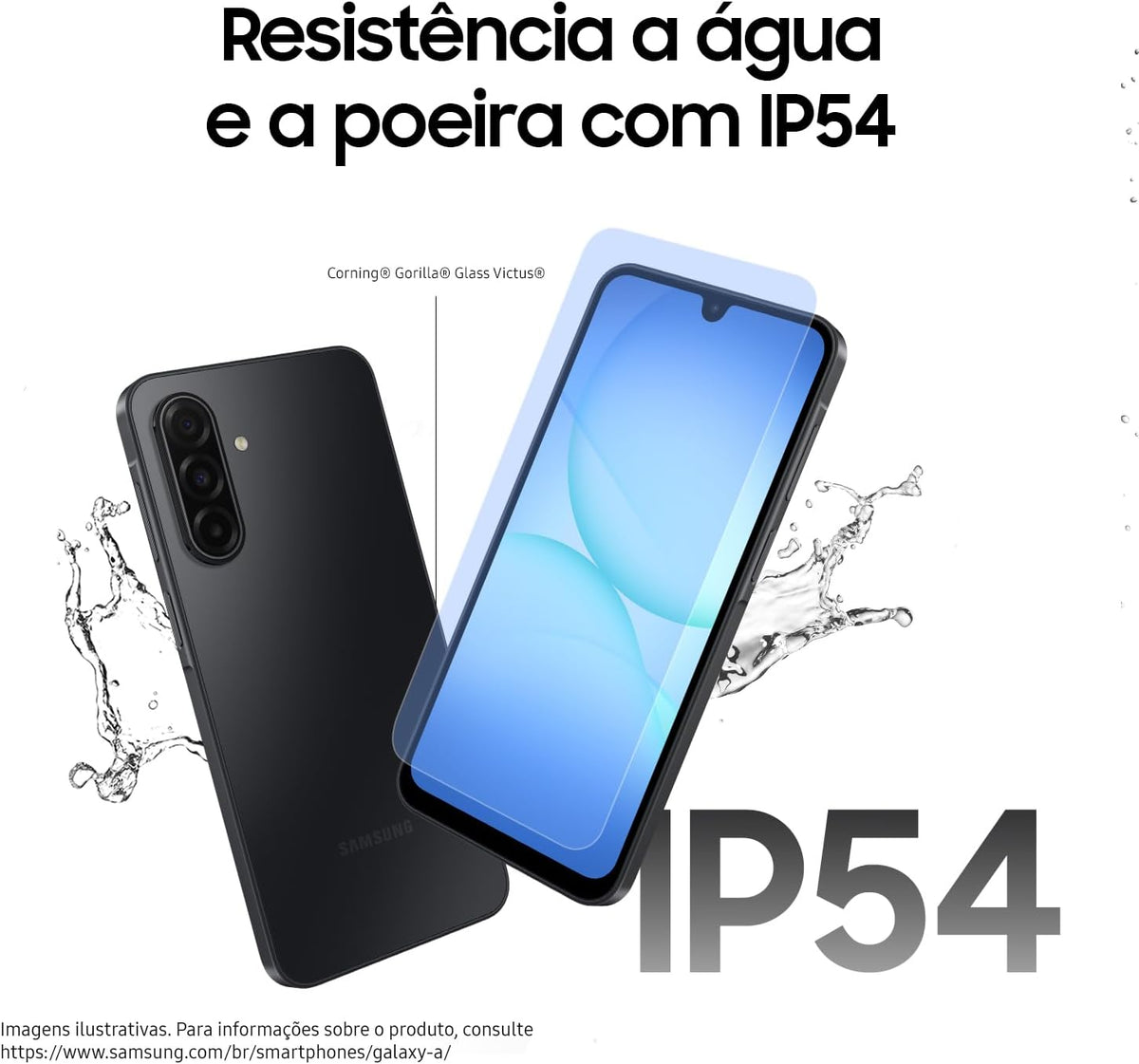Black smartphone front and back with triple rear cameras, water-splash resistant design
