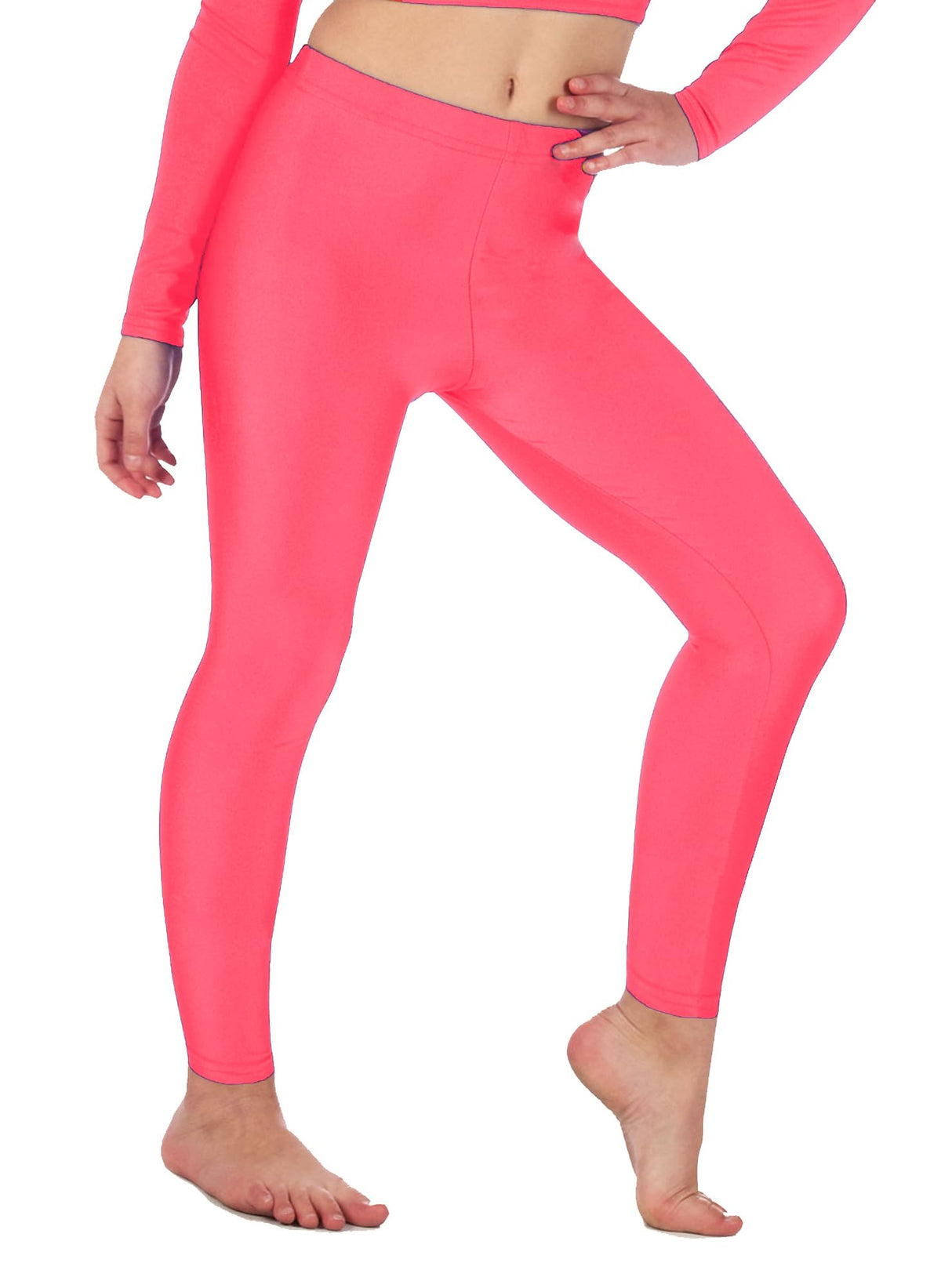 Girls shiny stretch leggings, neon pink, full-length snug fit with flat ankle hems