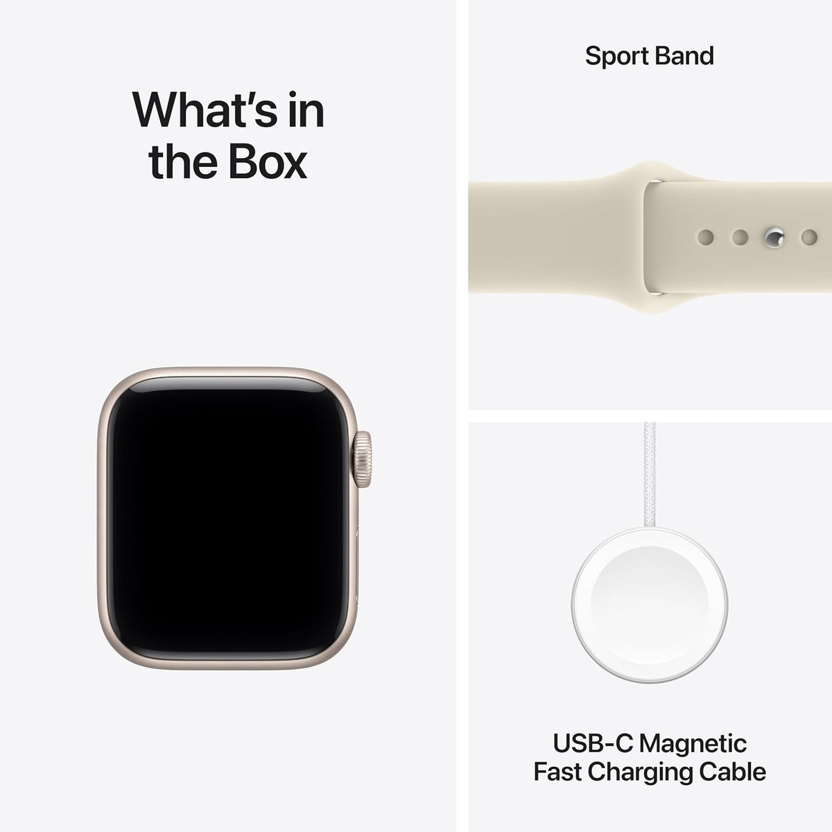 Starlight Apple Watch and white USB-C magnetic fast charging cable