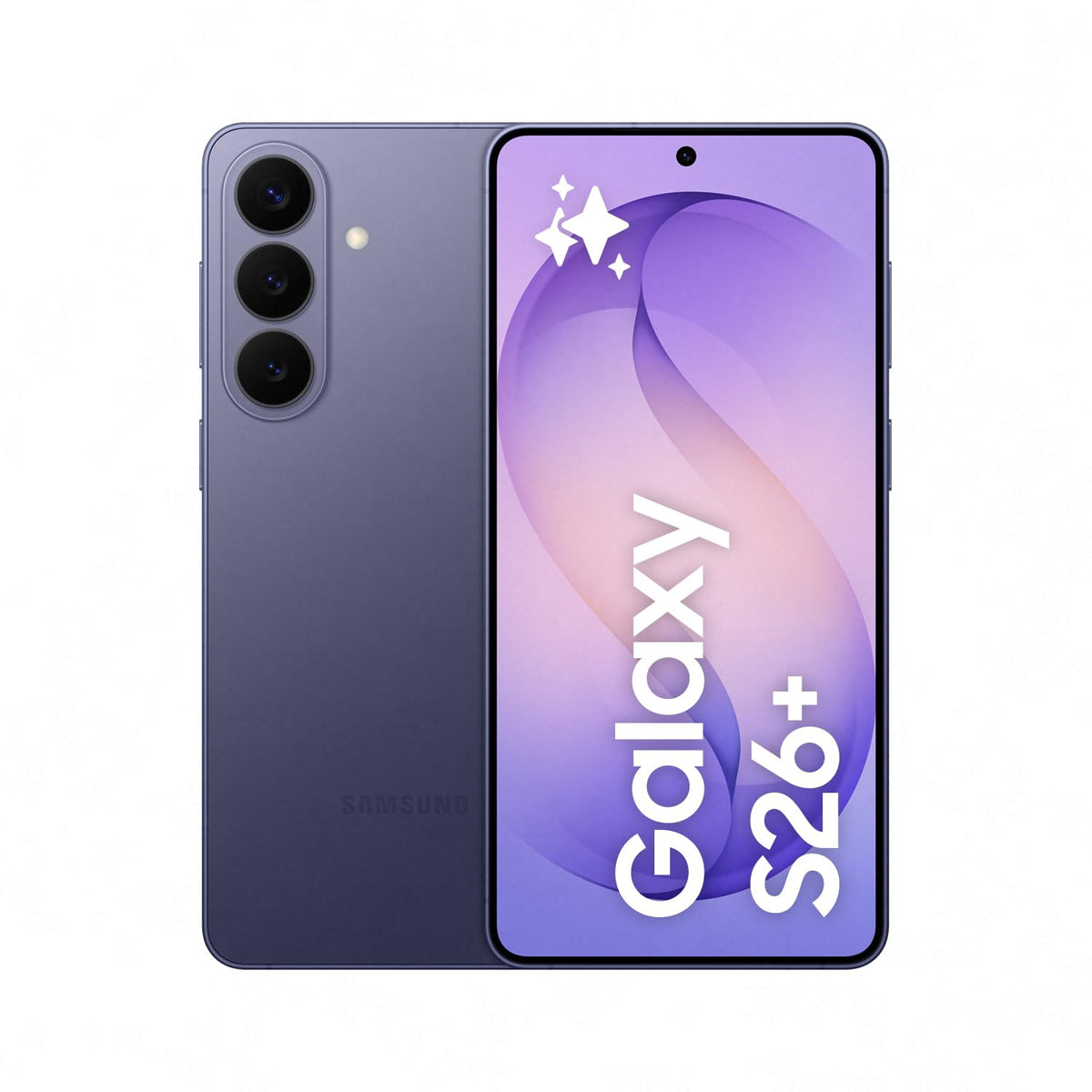 Samsung smartphone in violet, front display and rear dual camera visible