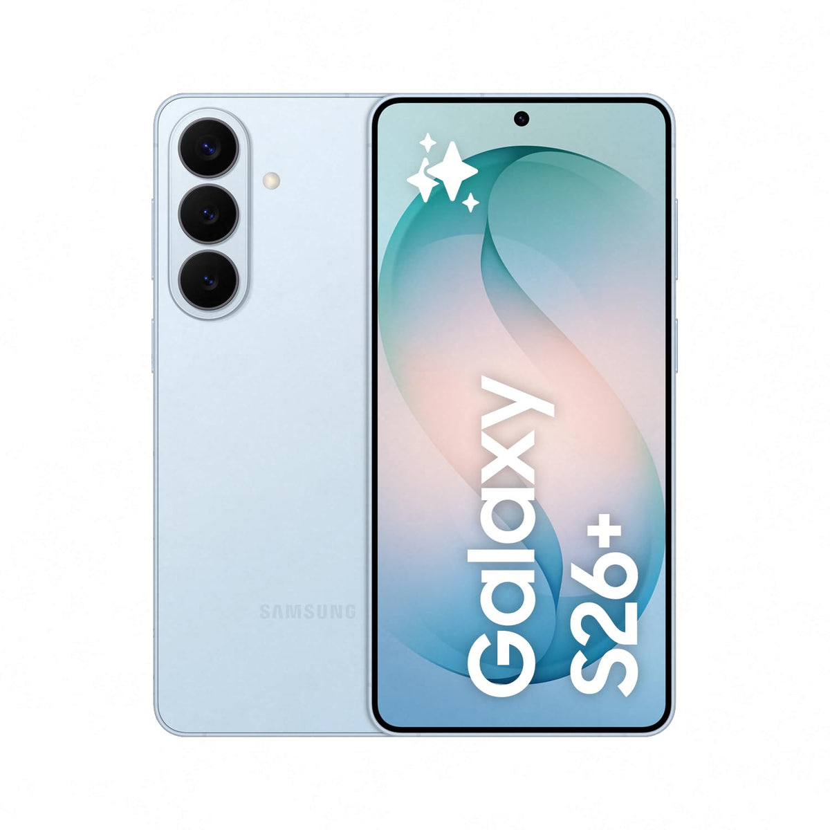 Samsung smartphone in white, front display and rear triple camera visible