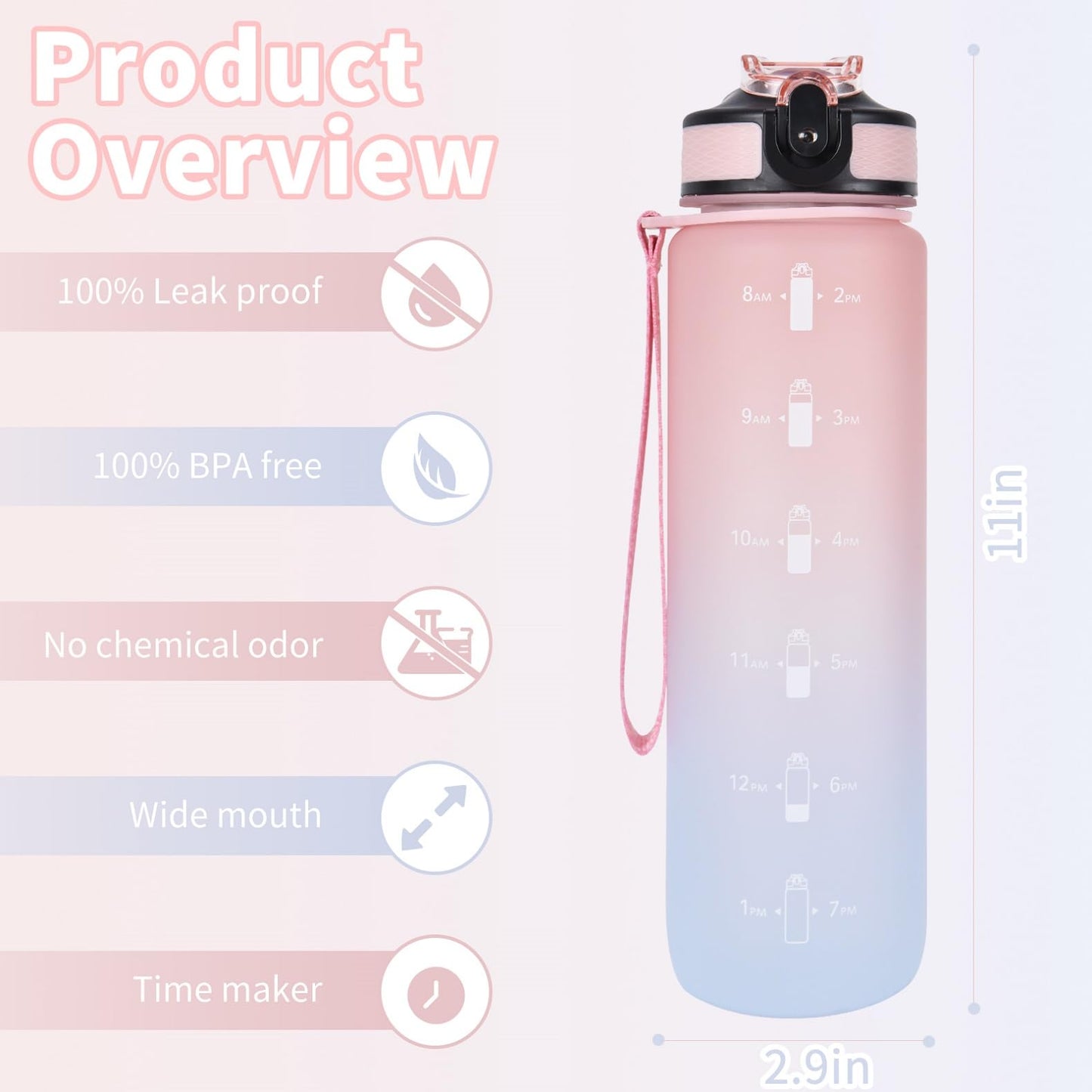 EYQ 1 L Water Bottle, 1 Litre Water bottle with Straw, Leak-Proof, Tritan BPA-Free, Motivational Water Bottle with Time Marker, Sports Drinks Bottle for Fitness, School, Gym, Outdoor Sports