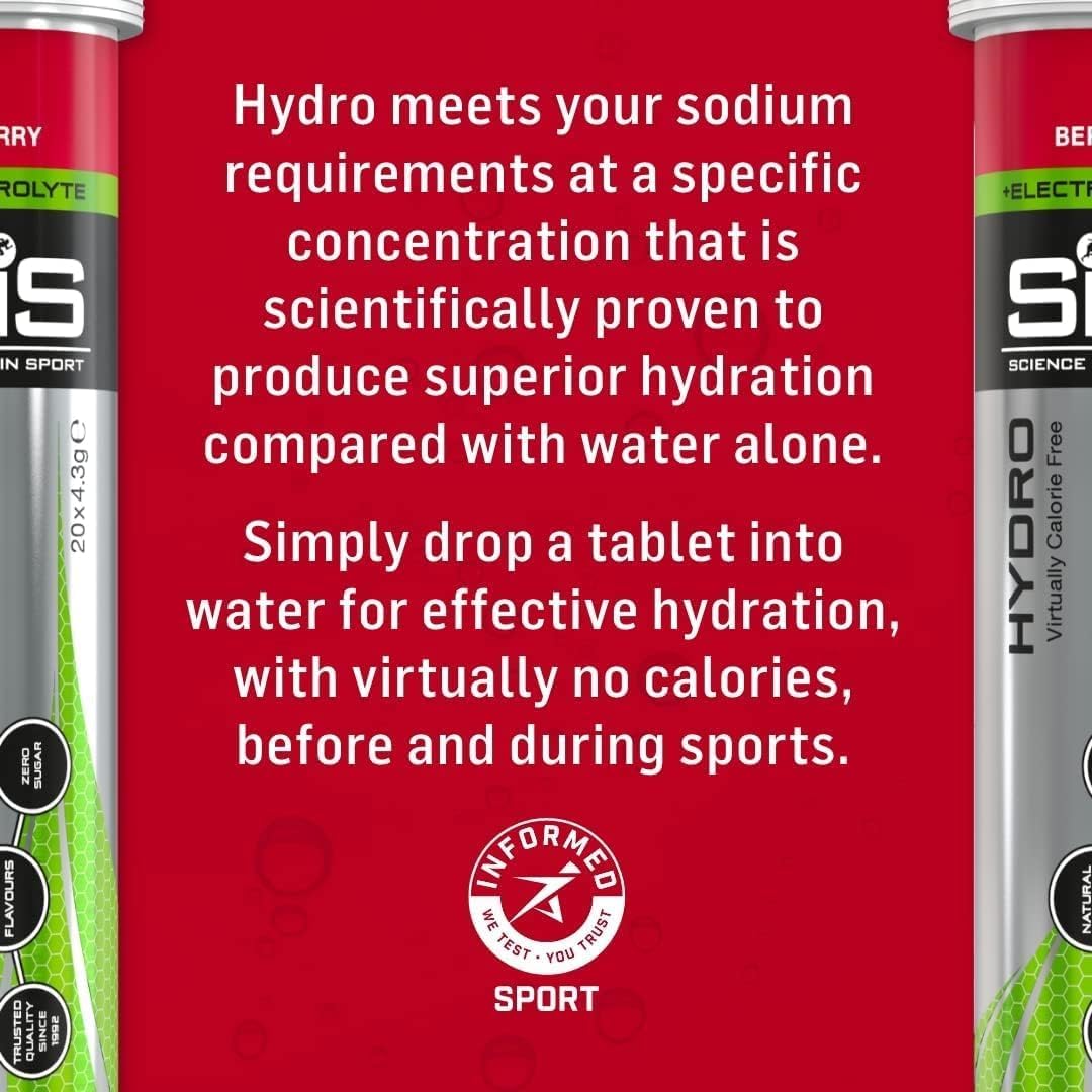 Science In Sport Hydro Hydration Tablets, Gluten-Free, Zero Sugar, Berry Flavour Plus Electrolytes, 20 Effervescent Tablets