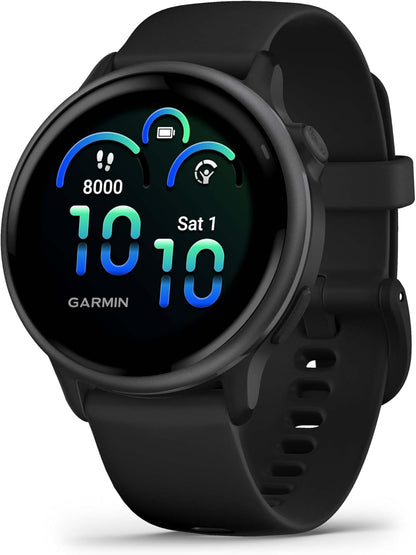 Black Garmin smartwatch with colorful fitness-style watch face and silicone strap