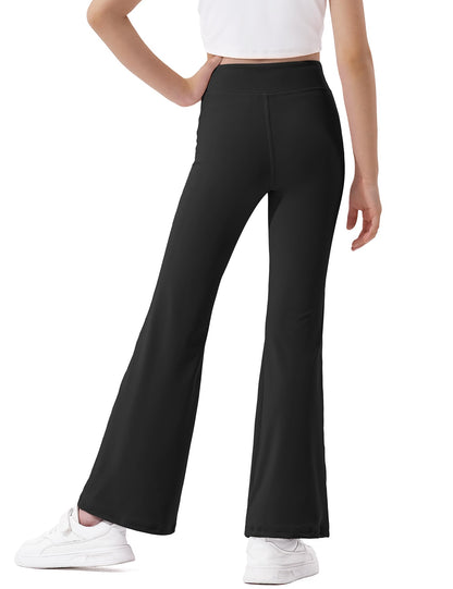Girls' high-waisted flared leggings in black, side view full-length bootcut