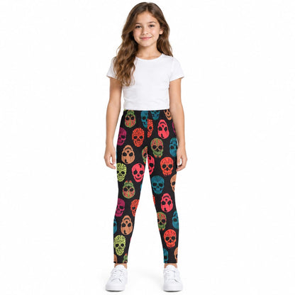 Kids Halloween leggings black with multicolor skull face pattern