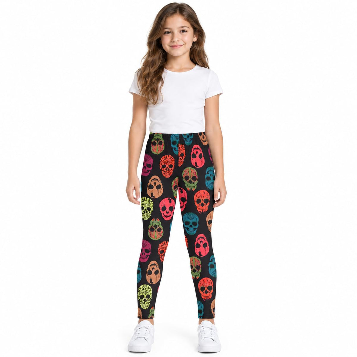 Kids Halloween leggings, black with multicolor skull face pattern