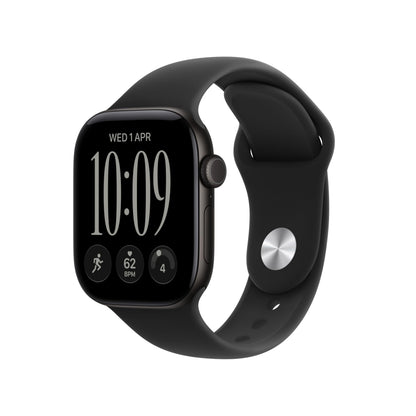 Black GPS smartwatch with black silicone band, square display with clock face