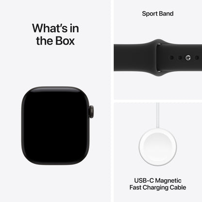 GPS smartwatch with black sport band; close-up views of the band attachment and sensor.