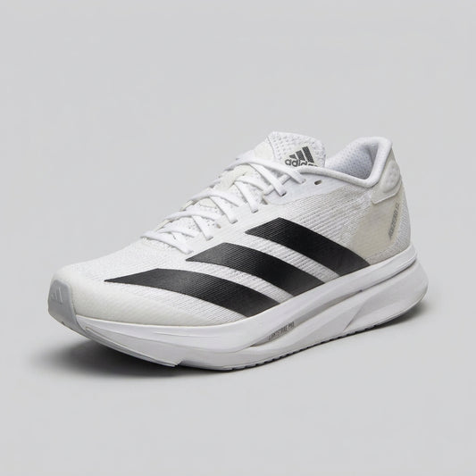 Women’s adidas running shoes in white with black 3-stripe design and lace-up front.