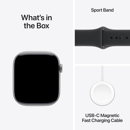 Series 11 GPS smartwatch with black sport band and silver case, black display