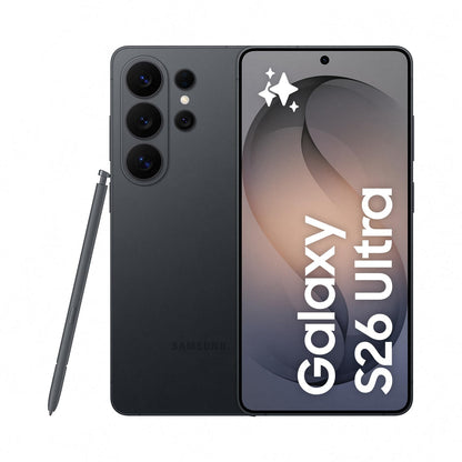 Samsung smartphone in dark gray, front display and rear quad camera with stylus
