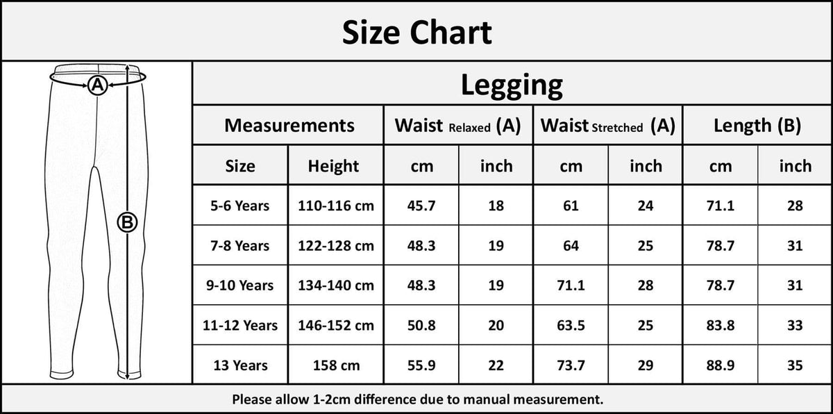Legging size chart with waist and length measurements