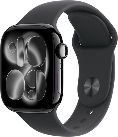 Dark gray smartwatch with square display and silicone band, showing monochrome watch face