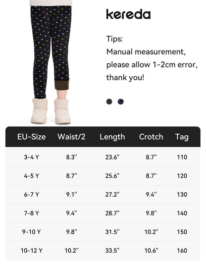Girls’ fleece-lined thermal leggings, navy with multicolor stars and dots; size chart