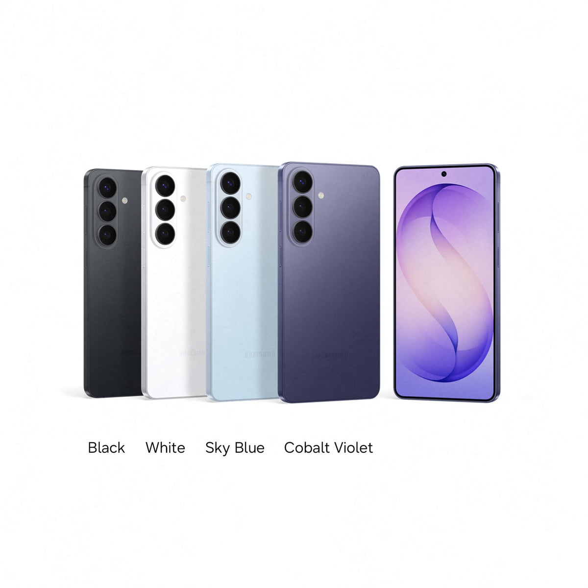 Samsung smartphones in four colors with back panels and one front display shown