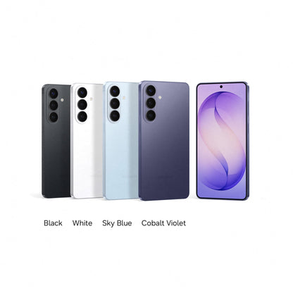 Smartphone set showing black, white, sky blue, and violet back and front views