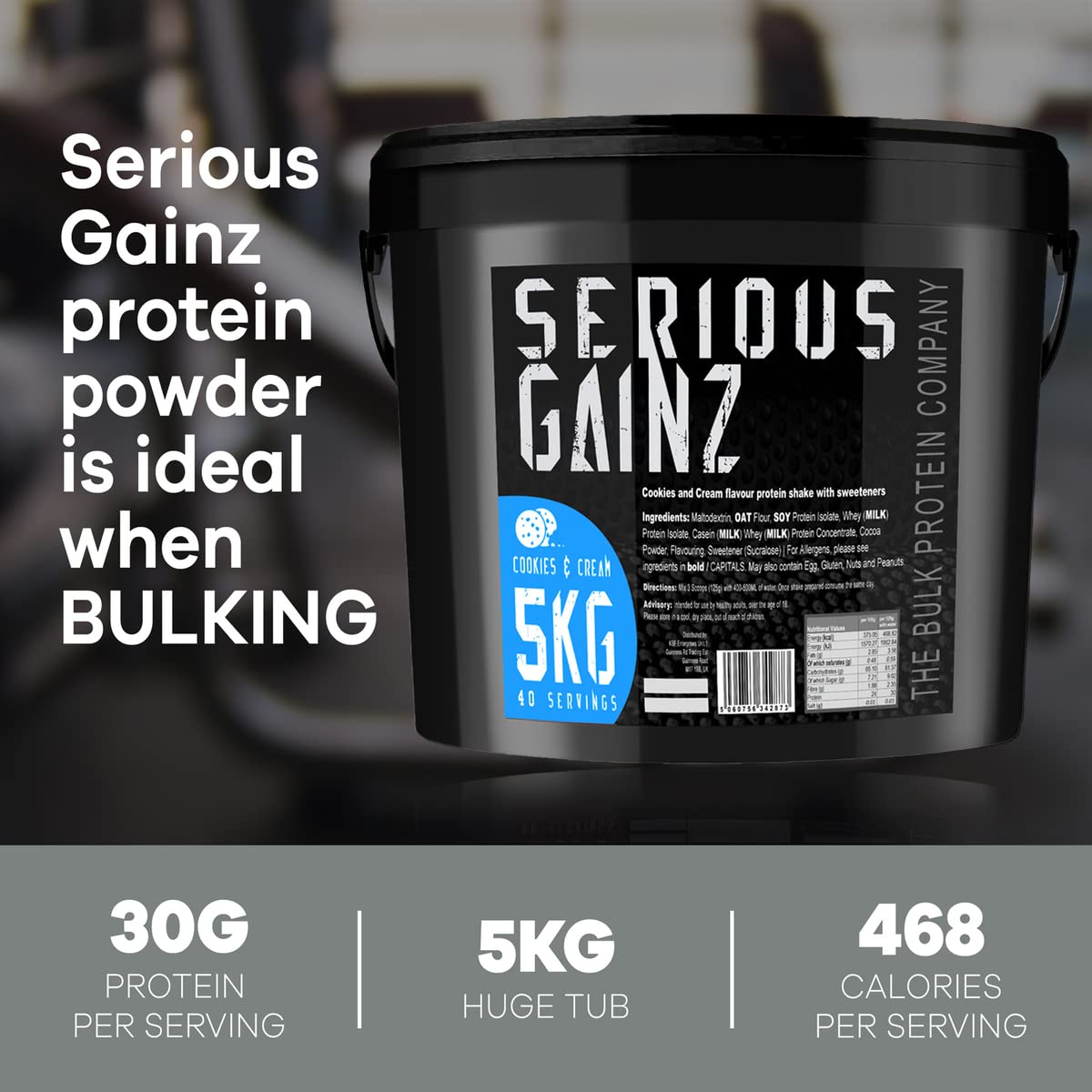 The Bulk Protein Company, SERIOUS GAINZ - Whey Protein Powder - Weight Gain, Mass Gainer - 30g Protein Powders (Strawberry, 5kg)