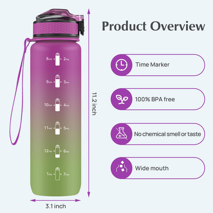 EYQ 1 L Water Bottle, 1 Litre Water Bottle, 32oz Leak-Proof Drinks Bottle, Tritan BPA-Free, Motivational Water Bottle with Time Marker, Sports Drinks Bottle for Fitness, School, Gym, Outdoor Sports