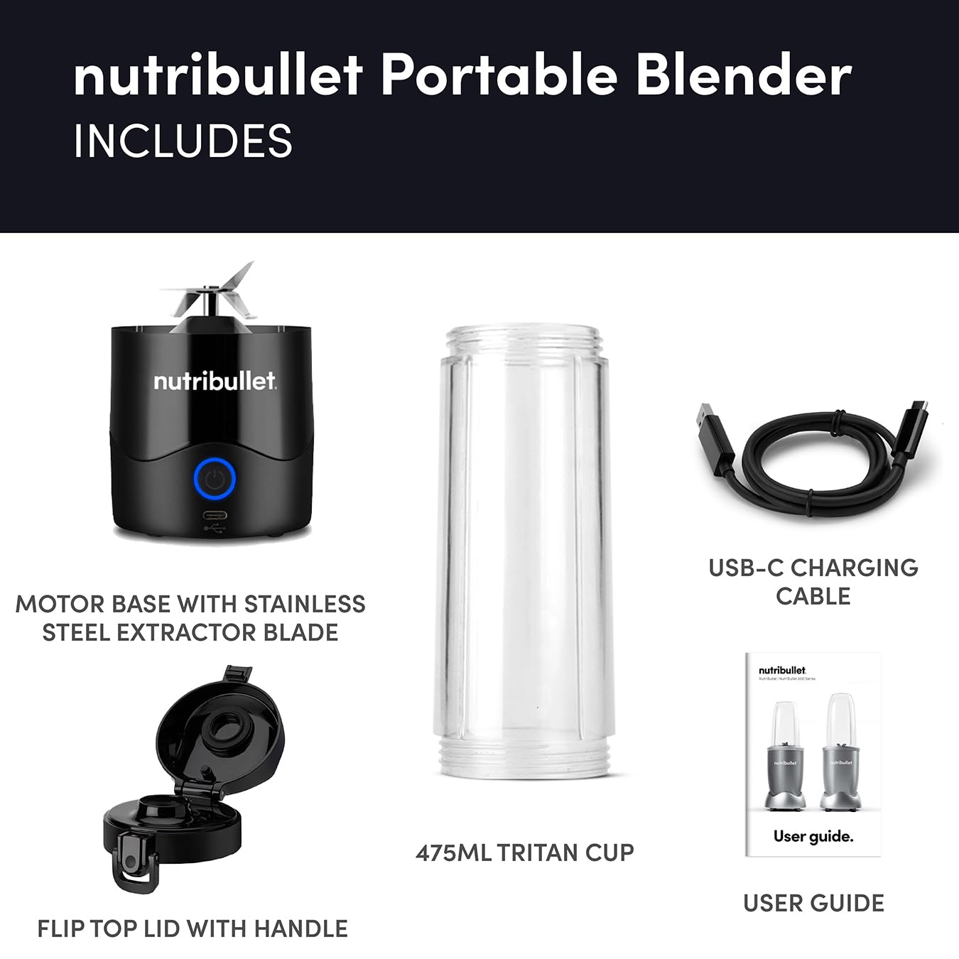 nutribullet Portable Blender in Black - Powerful Extractor Blade, 475ml Cup, To-Go Lid, USB-C Charging Cable & User Guide - Delivers 15+ Blending Cycles - Healthy Shakes On The Move