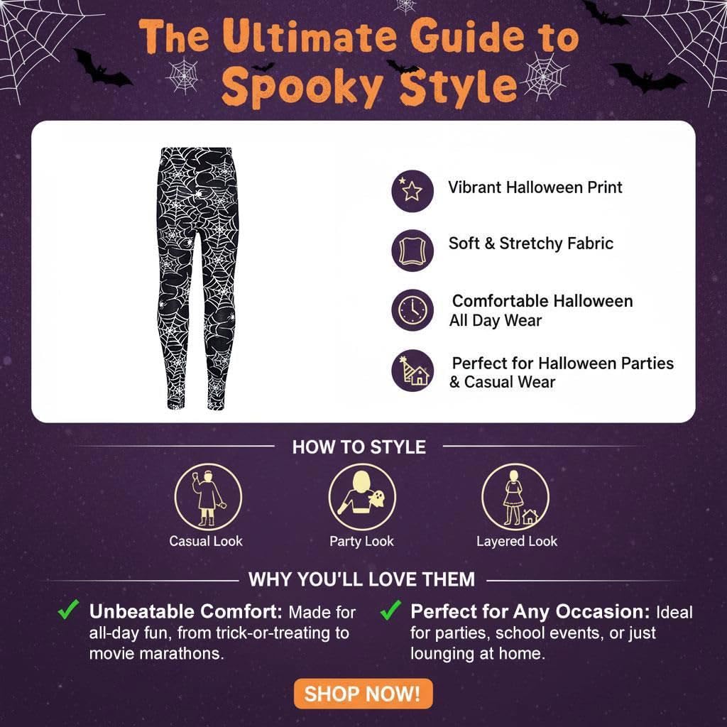 Kids leggings style guide featuring black spiderweb and skull print on product thumbnail