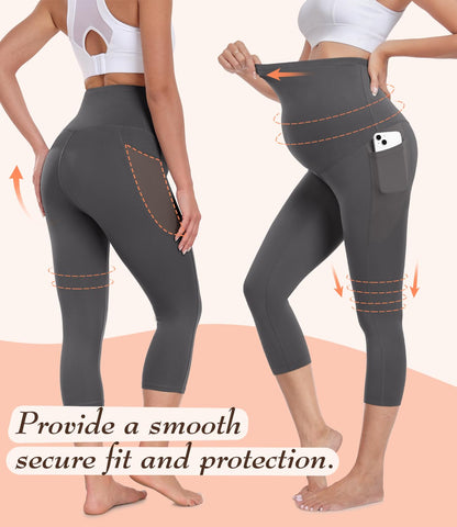 BLONGW 3 Pack Maternity Capri Leggings with Pockets Over The Belly Pregnancy Yoga Pants Activewear Soft Workout Leggings