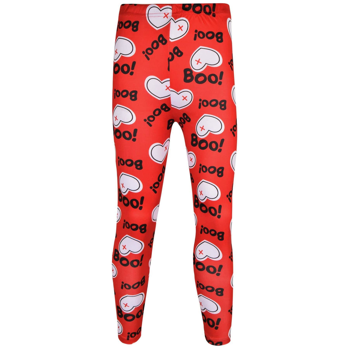 Kids red leggings with repeating Boo text and ghost icons