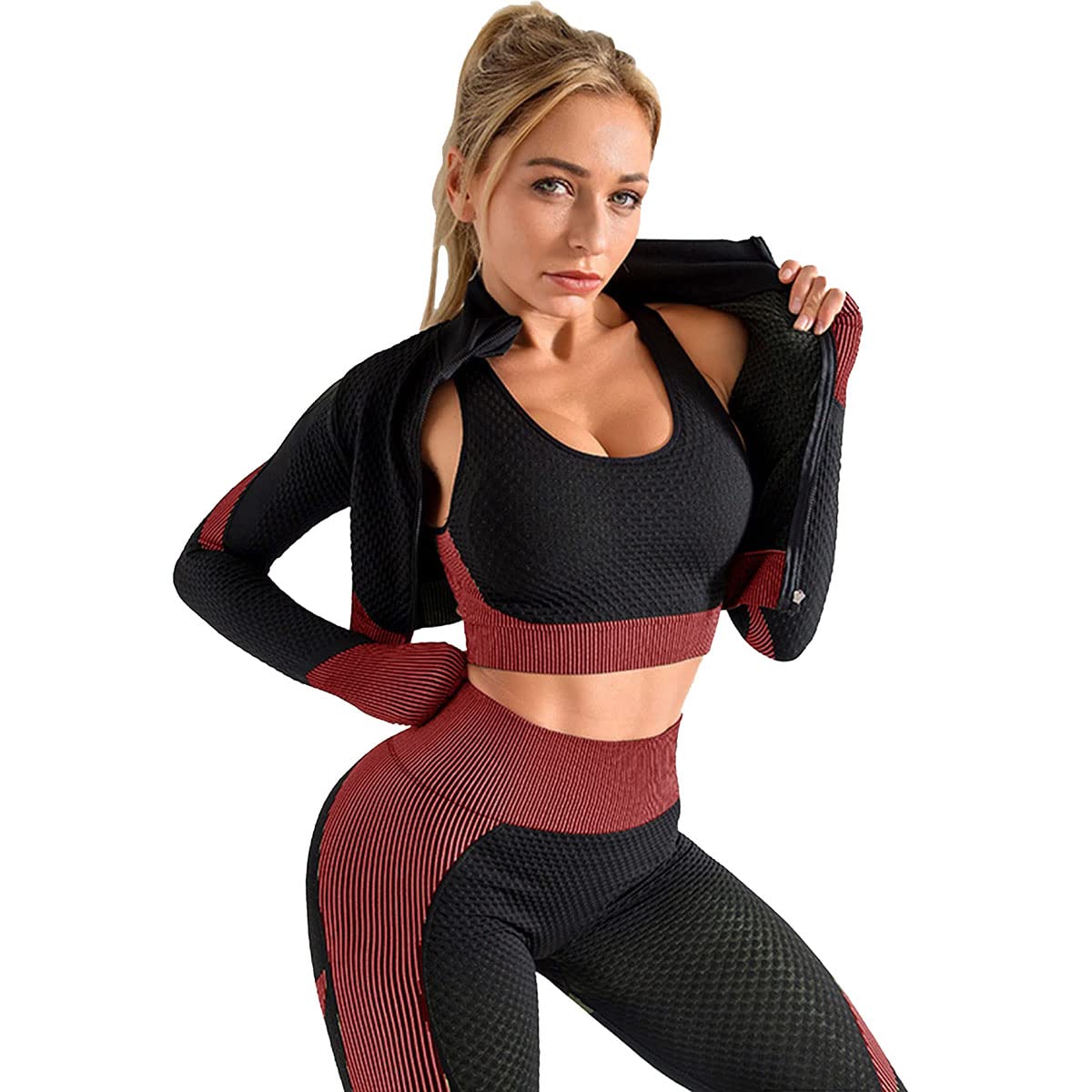 Veriliss Women's 3pcs Gym Tracksuit Sweatsuit Women's Activewear Sets 2024 Sport Yoga Fitness Clothing Ladies Workout Outfit Sportsuits for Running Jogging