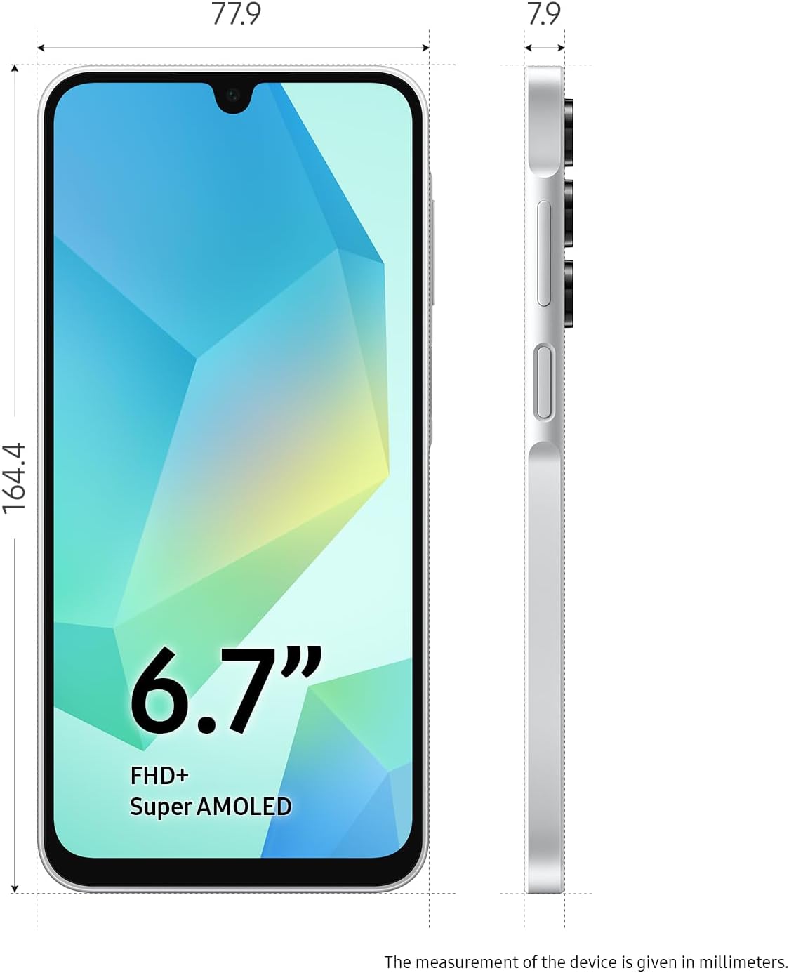 Samsung Galaxy A16 smartphone front view with 6.7-inch display and side measurement markers.