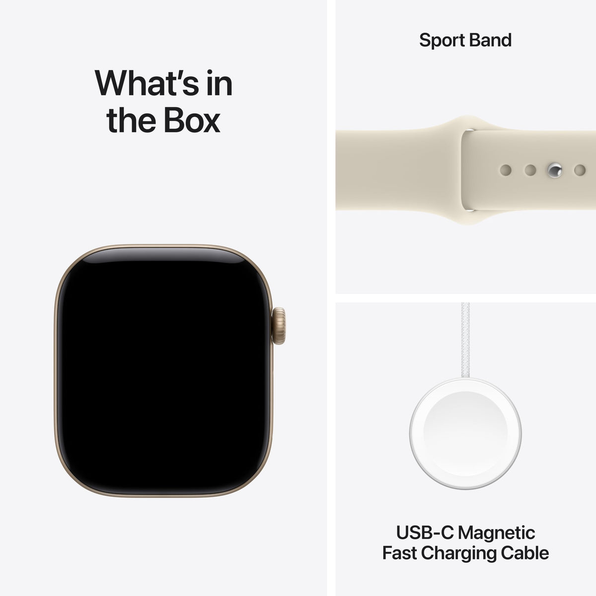 Apple Watch GPS smartwatch with sport band, plus USB-C magnetic fast charging cable.