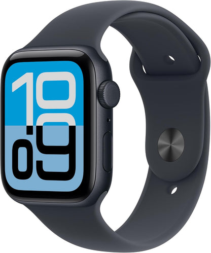 Apple Watch SE GPS smartwatch with midnight band; black screen shows blue 10:09