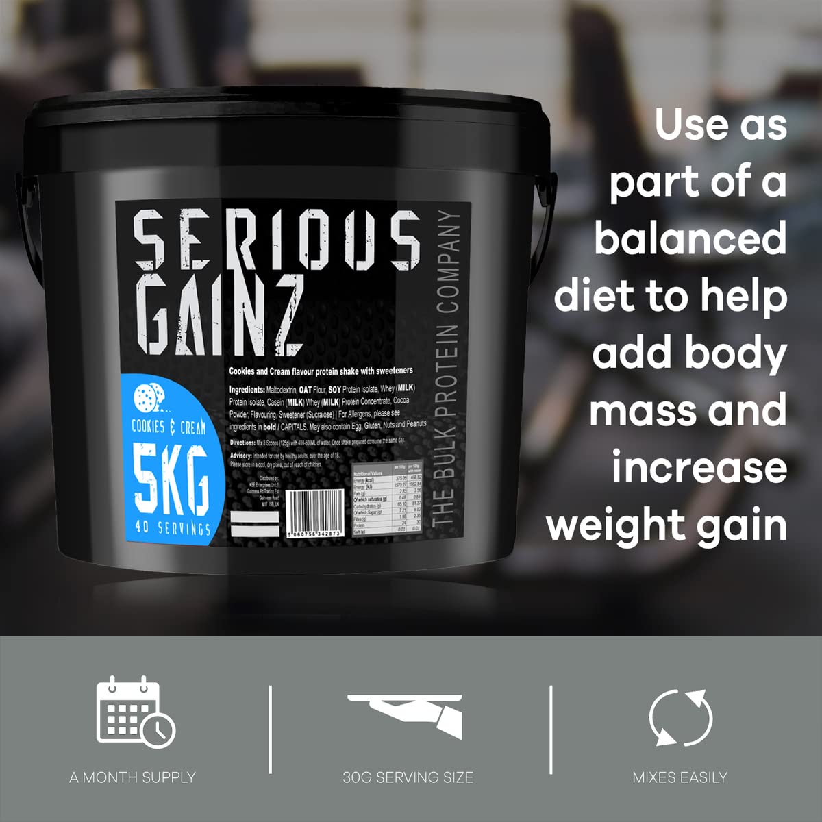 The Bulk Protein Company, SERIOUS GAINZ - Whey Protein Powder - Weight Gain, Mass Gainer - 30g Protein Powders (Strawberry, 5kg)