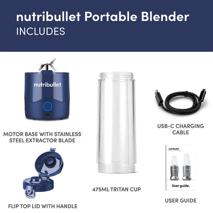 nutribullet Portable Blender in Black - Powerful Extractor Blade, 475ml Cup, To-Go Lid, USB-C Charging Cable & User Guide - Delivers 15+ Blending Cycles - Healthy Shakes On The Move