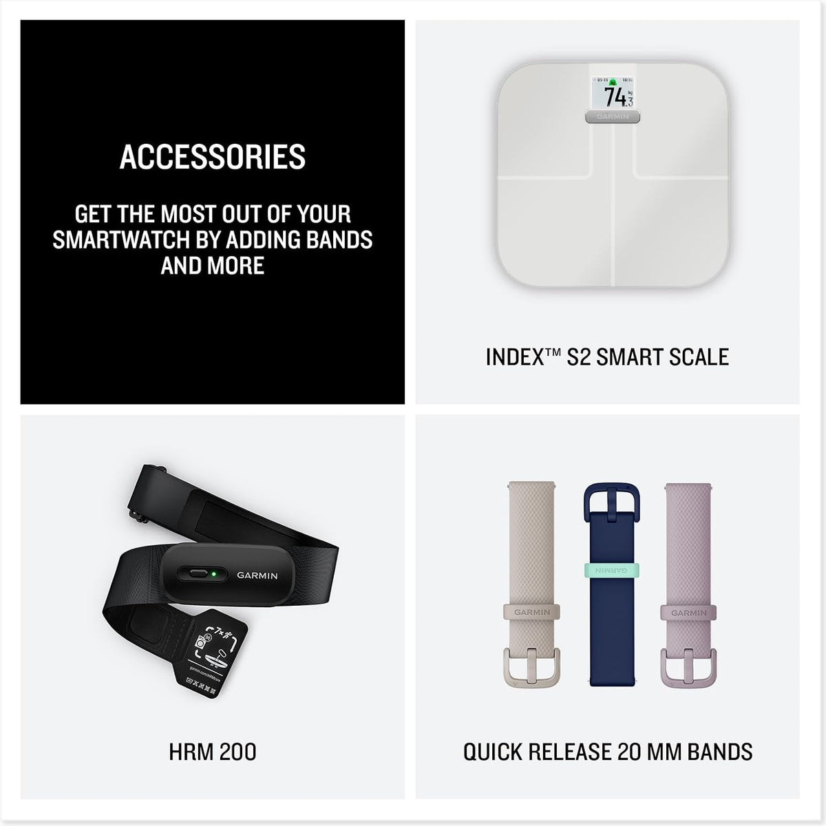 Smartwatch accessory set with HRM 200 sensor and 20 mm quick-release bands.