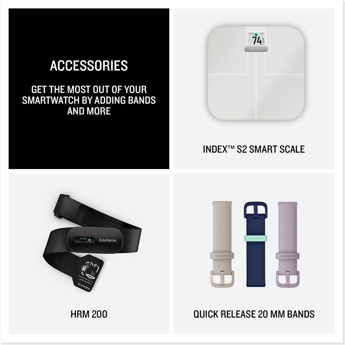 Garmin vívoactive 6 accessories collage with smart scale, HRM 200, and 20 mm bands