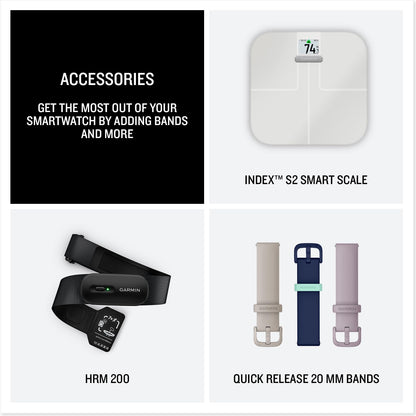 Smartwatch accessories set with HRM 200, quick-release 20mm bands, and Index S2 scale