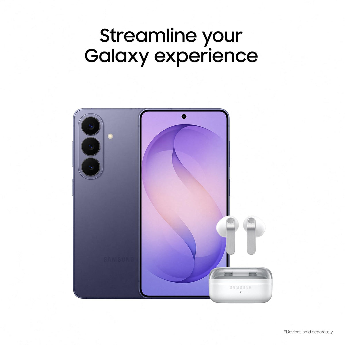 Violet Galaxy smartphone with front display, rear camera array, and wireless earbuds