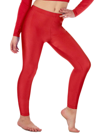 Girls red shiny stretch leggings, high-waist fit for dance