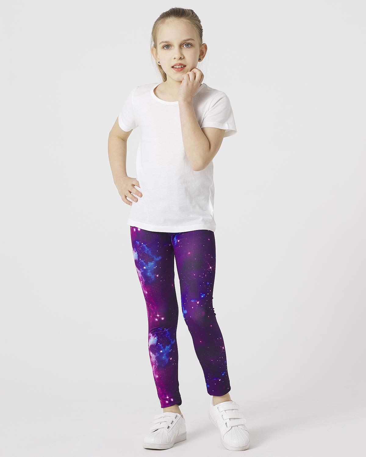 Girls' galaxy leggings, dark purple starry print, elastic waistband and full length