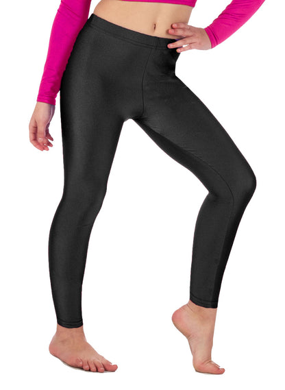 Girls shiny stretch dance leggings, black, full-leg close-up