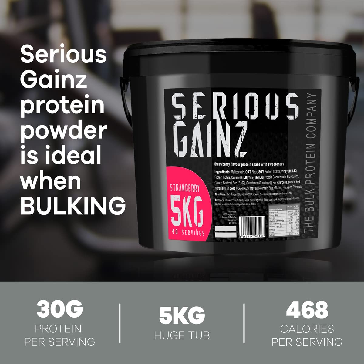 The Bulk Protein Company, SERIOUS GAINZ - Whey Protein Powder - Weight Gain, Mass Gainer - 30g Protein Powders (Strawberry, 5kg)