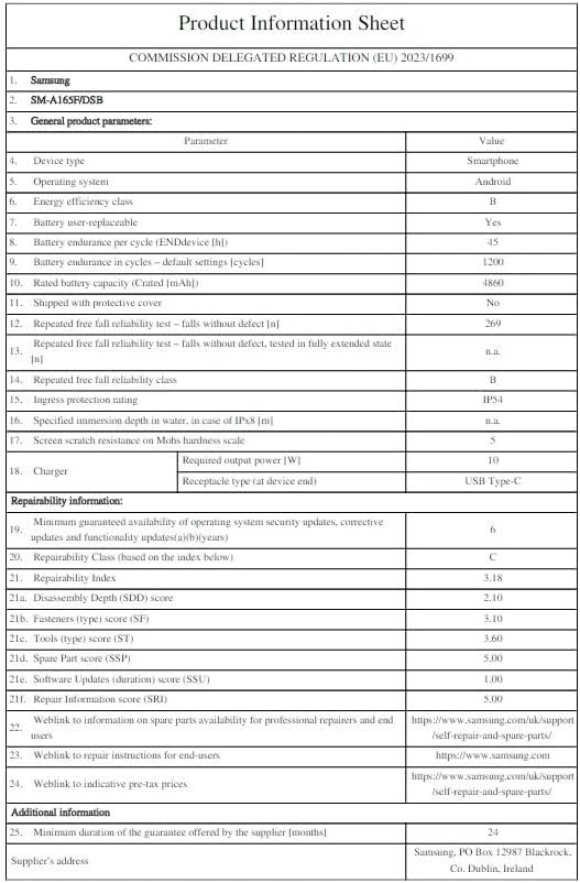 Product information sheet for Samsung Galaxy A16 4G smartphone with technical specs