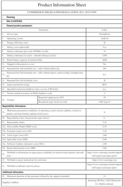 Product information sheet for Samsung Galaxy A16 4G smartphone with technical specs