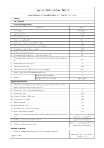 Samsung Galaxy A16 4G smartphone product information sheet with specifications table