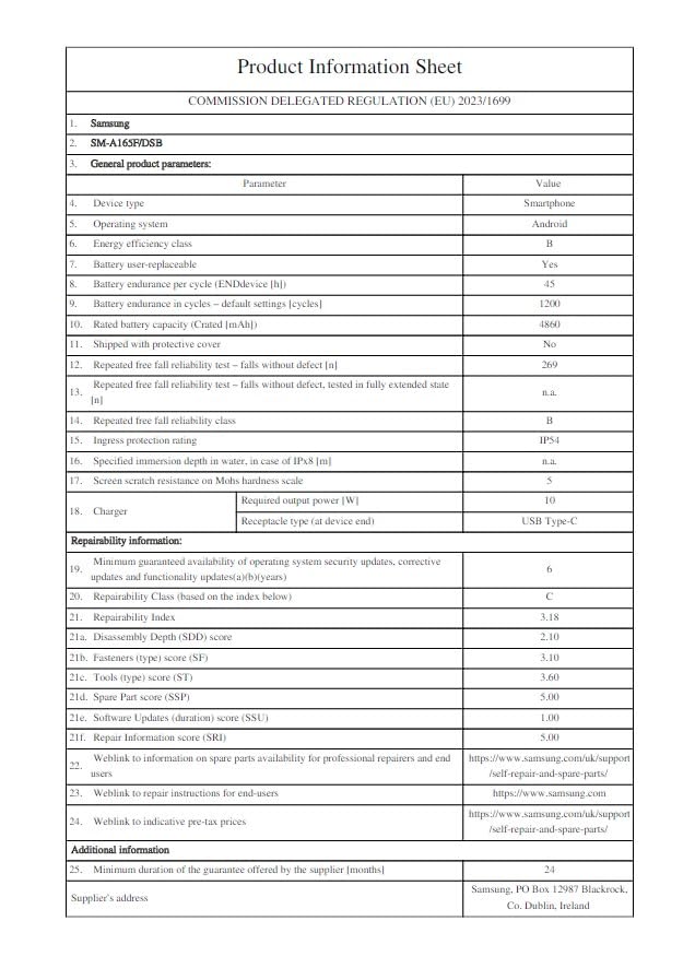 Samsung Galaxy A16 4G smartphone product information sheet, specifications table