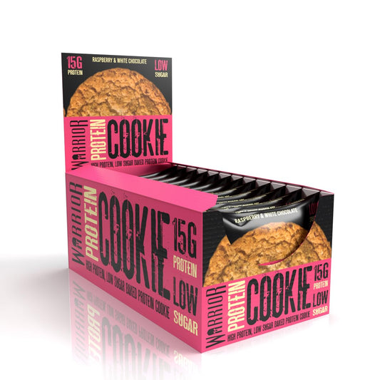 Warrior Protein Cookies – 15g of Protein – Low Sugar – Baked Cookie Snack – 12 x 60g – Individually Wrapped – Vegetarian Friendly, Raspberry & White Chocolate