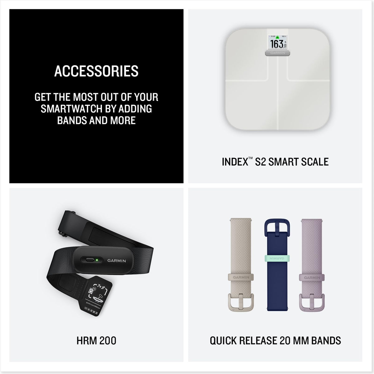 Smartwatch accessories with HRM 200, quick-release 20mm bands, and Index S2 scale