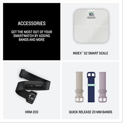 Smartwatch accessories with HRM 200, quick-release 20mm bands, and Index S2 scale
